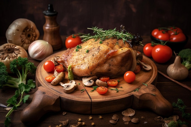 Un plato de comida con un pato encima.