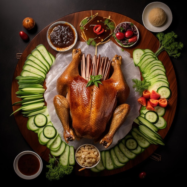 Plato de comida con un pavo encima y una taza de salsa sobre la mesa