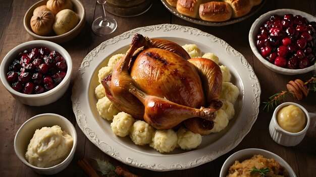 Un plato de comida con un pavo encima.