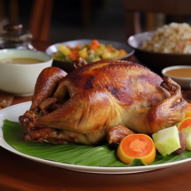 Un plato de comida con un pavo encima.