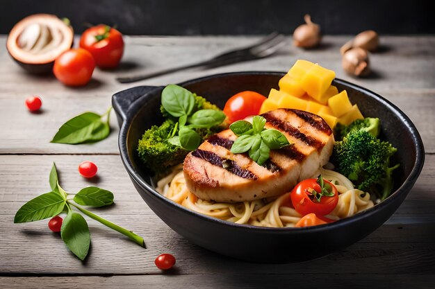 Un plato de comida con pechuga de pollo y brócoli.