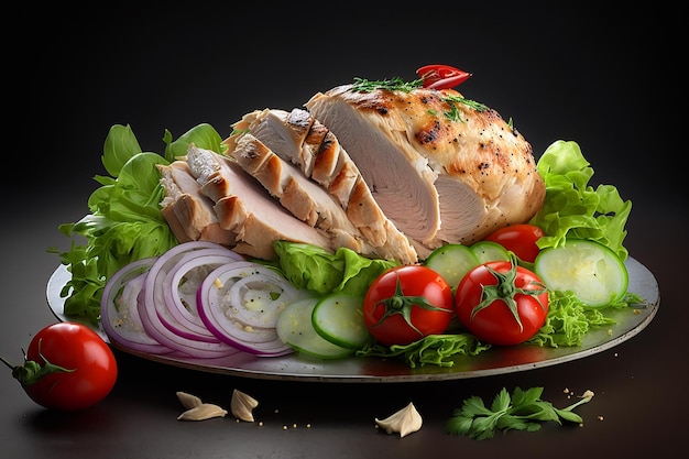 Un plato de comida con una pechuga de pollo encima.