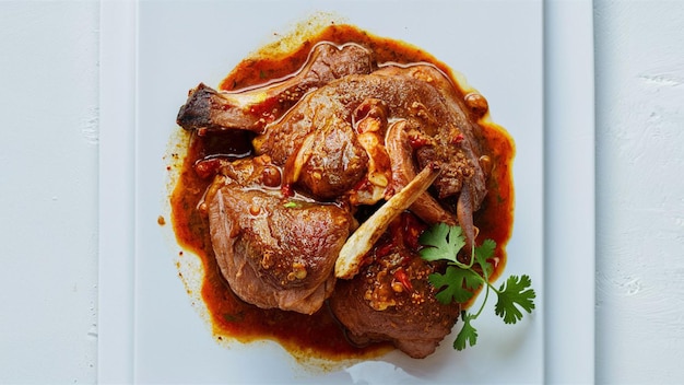 un plato de comida con un pedazo de carne y un perejil