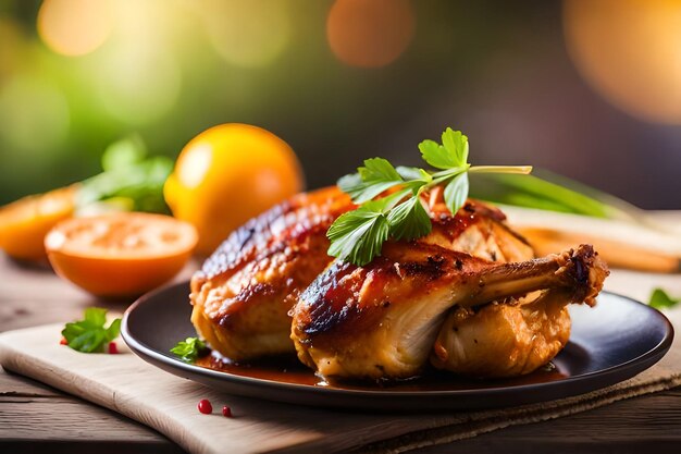 un plato de comida con un pedazo de pollo y un limón