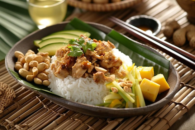 Foto un plato de comida con pepino de arroz y cacahuetes