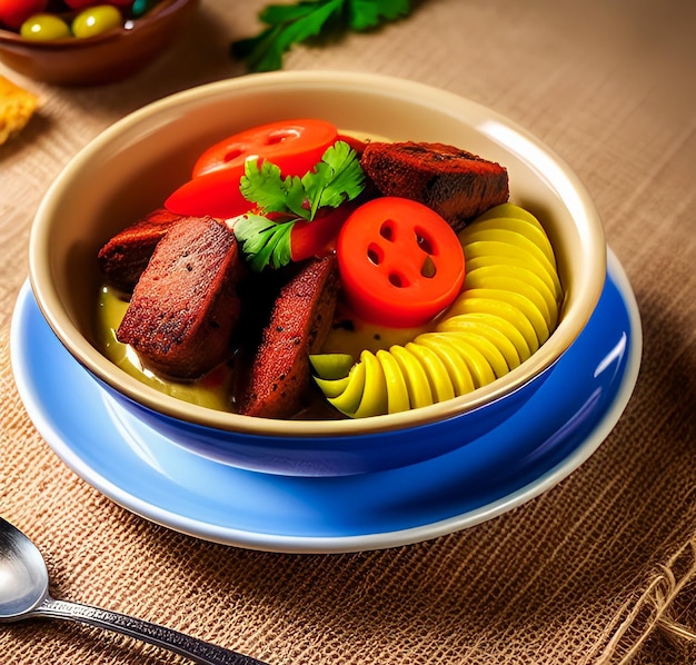 Un plato de comida con un pequeño trozo de carne y verduras.