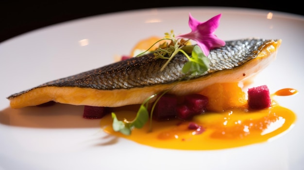 Un plato de comida con un pescado encima.