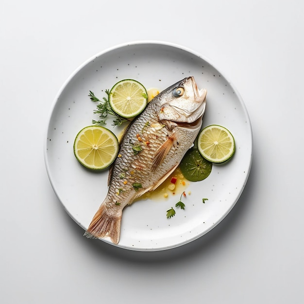 Un plato de comida con un pescado y limas al lado.