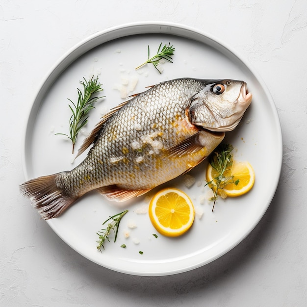 Un plato de comida con un pescado y limones.