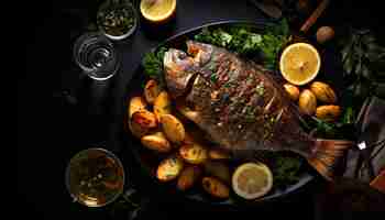 Foto un plato de comida con un pescado y verduras en él