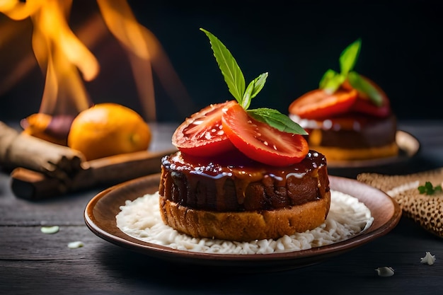 Un plato de comida con una pieza de fruta