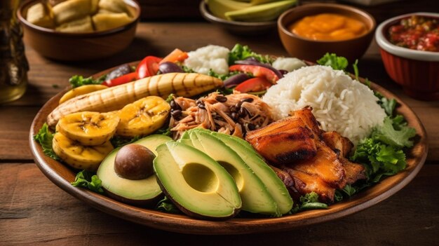 Un plato de comida con plátano, aguacate y otros alimentos.