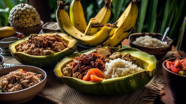 Un plato de comida con plátanos y un plátano al lado.