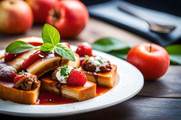 un plato de comida con plátanos y un tomate en él