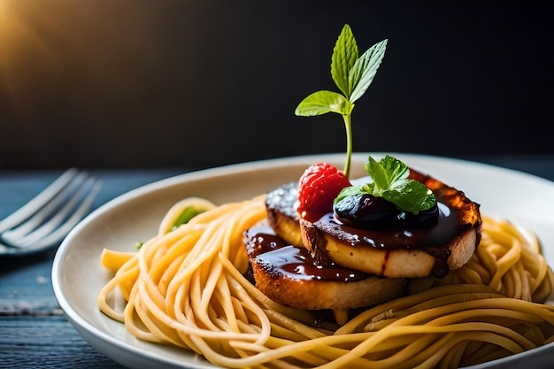 Un plato de comida con un plato de alimento con una fresa en él