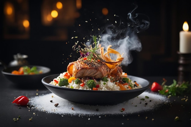 Un plato de comida con un plato de alimentos en él con un cuenco de arroz y verduras en él