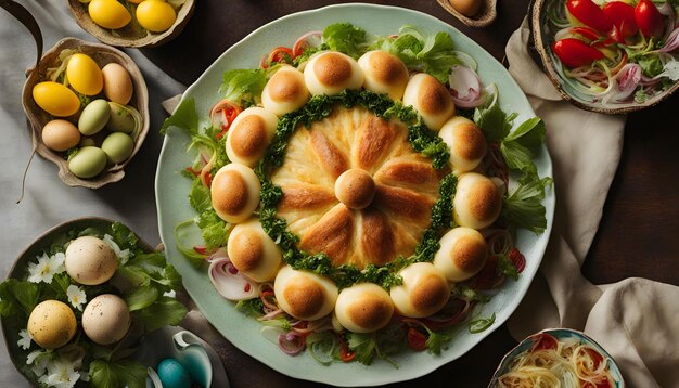 Un plato de comida con un plato de alimentos en él que dice panes