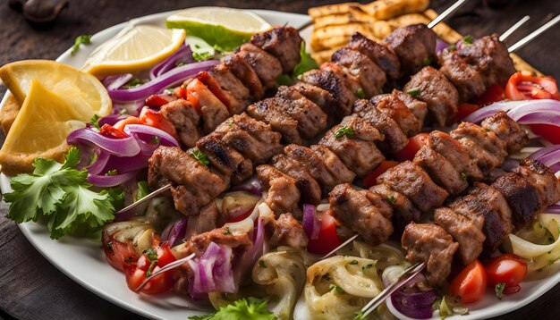 Un plato de comida con un plato de alimentos que dice kebab