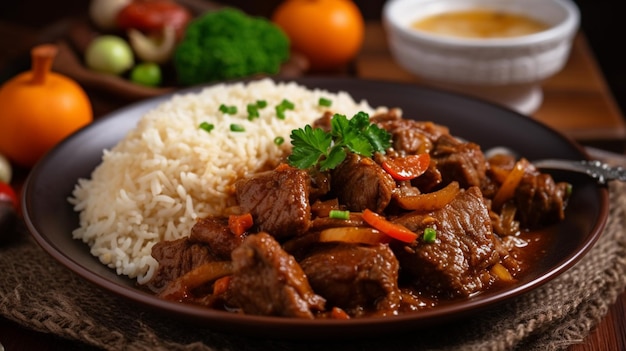 Un plato de comida con un plato de arroz y estofado de ternera.