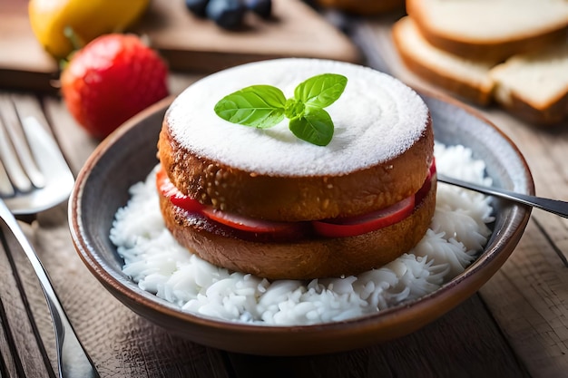 Foto un plato de comida con un plato de arroz y fresas encima