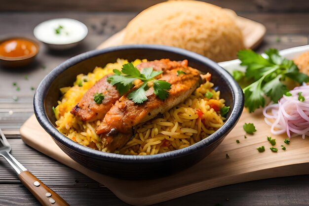 Un plato de comida con un plato de arroz y un plato de comida sobre una mesa de madera.