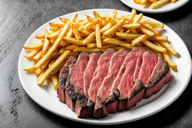 Un plato de comida con un plato de bistec y papas fritas.