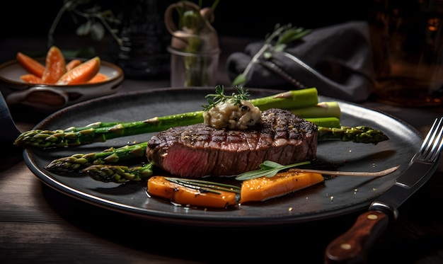 Un plato de comida con un plato de carne y verduras.