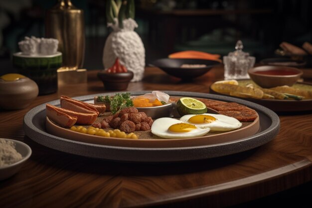 Un plato de comida con un plato de comida encima y un plato de comida sobre la mesa.