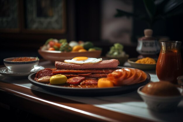 Un plato de comida con un plato de comida con una salchicha, huevos y un plato de comida encima.