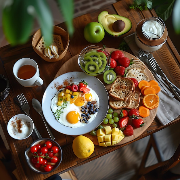 Un plato de comida con un plato de fruta y una taza de té