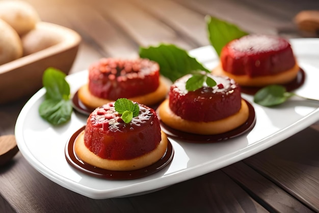 Un plato de comida con un plato de mousse de fresa