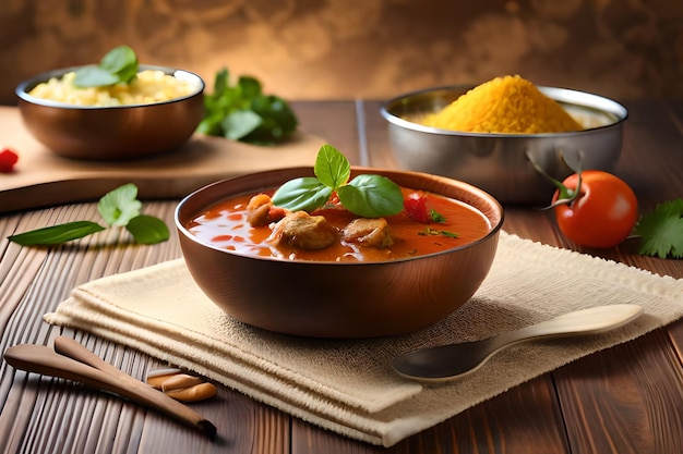 Un plato de comida con un plato de pollo al curry sobre una mesa.