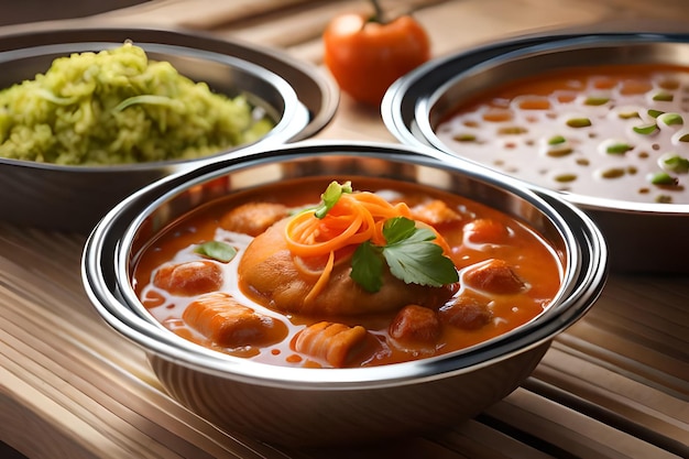 Un plato de comida con un plato de pollo al curry.