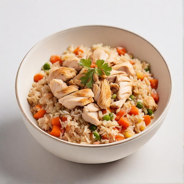 Foto un plato de comida con un plato de pollo y arroz en un fondo blanco
