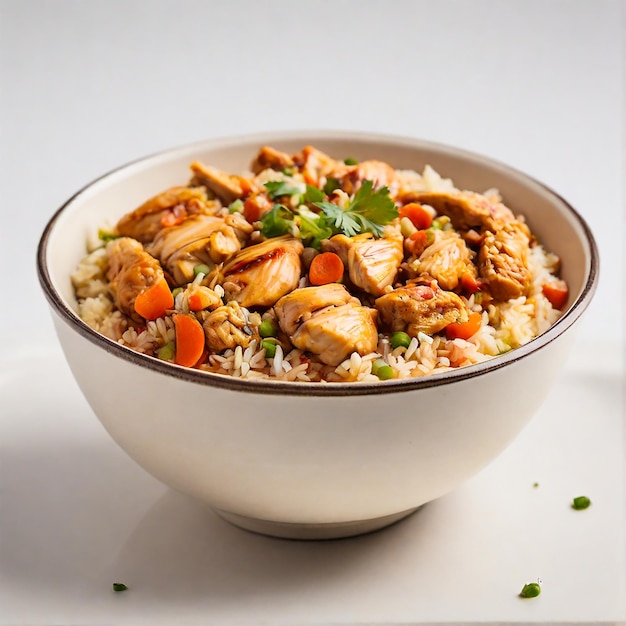 Foto un plato de comida con un plato de pollo y arroz en un fondo blanco