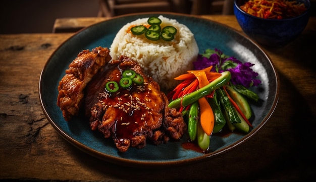 Un plato de comida con un plato de pollo y arroz.
