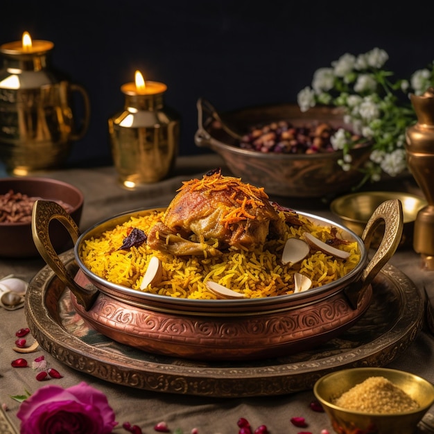 un plato de comida con un plato de pollo biryani encima