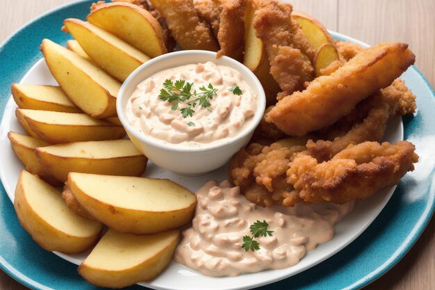 Un plato de comida con un plato de pollo y salsa