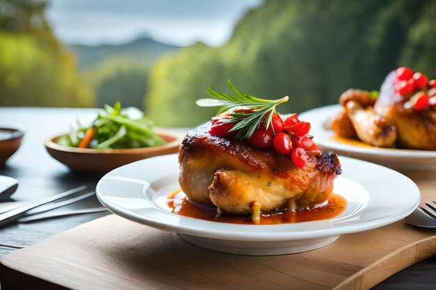 Un plato de comida con un plato de pollo y verduras.