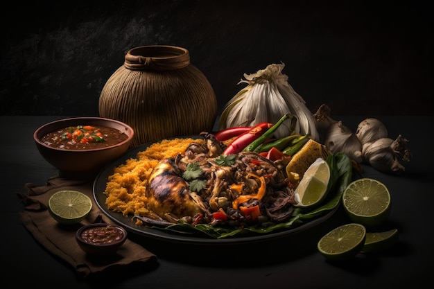 Un plato de comida con un plato de puré de patatas y un plato de comida.