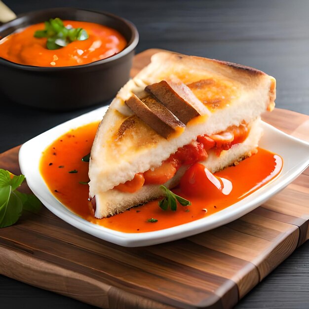 Un plato de comida con un plato de salsa de tomate