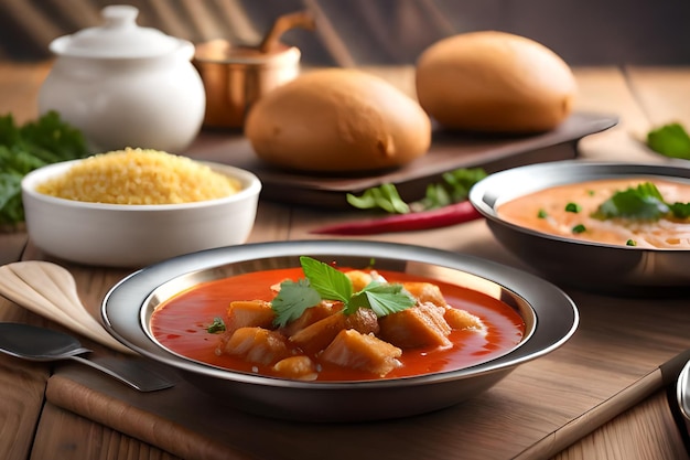 Un plato de comida con un plato de sopa de pollo y pan sobre la mesa.