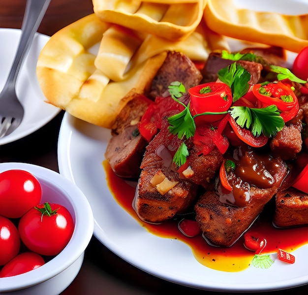 Un plato de comida con un plato de tomates rojos y un plato de salsa roja.