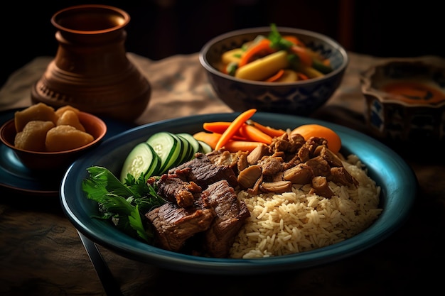 Un plato de comida con un plato de verduras y un plato de arroz.