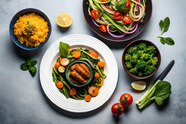 Un plato de comida con un plato de verduras y un plato de brócoli.