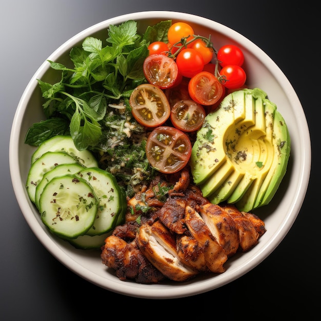 Un plato de comida con un plato de verduras y tomates