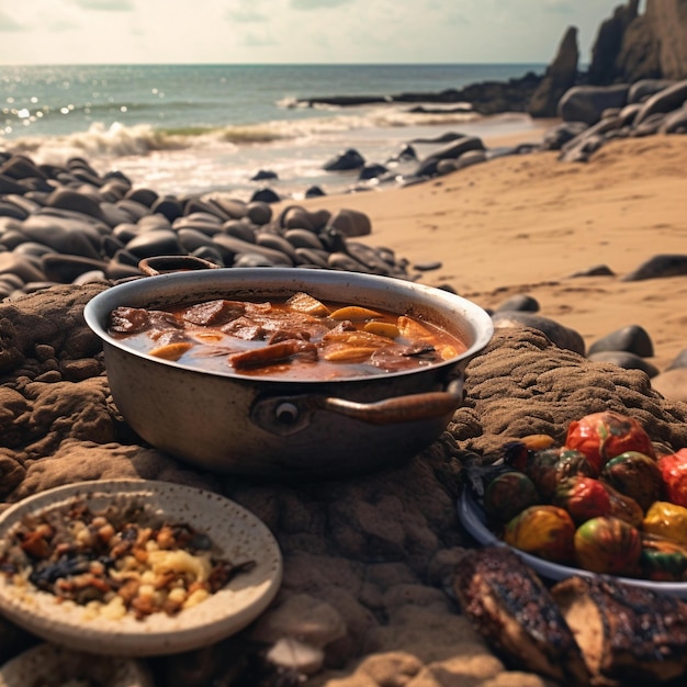 Un plato de comida en una playa con un plato de comida.