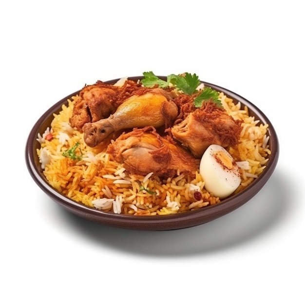 Un plato de comida con pollo y arroz y un trozo de ajo.