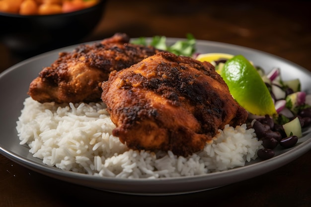 Un plato de comida con pollo y arroz.