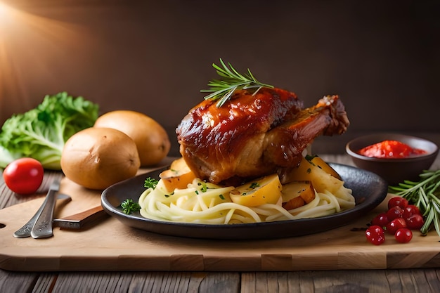 un plato de comida con pollo asado y patatas